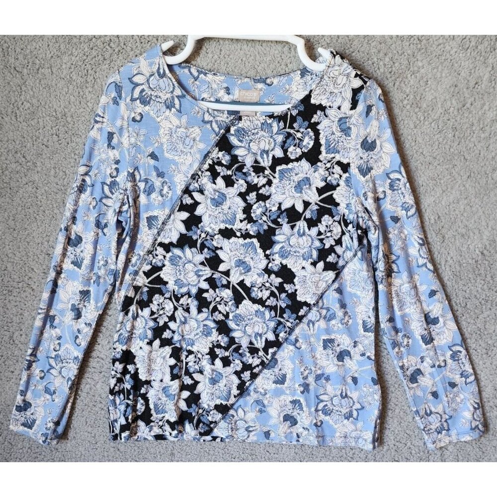 Chico's Zenergy Womens Long Sleeve Round Neck Stretch Top Blue Floral Rayon Sz S